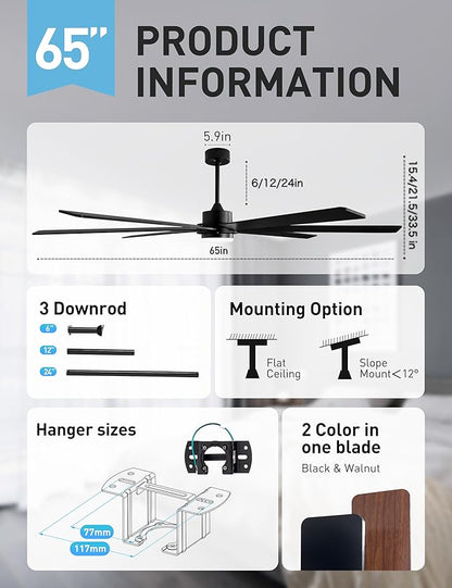 65 Inch Black Smart Ceiling Fan with Light and Remote via WIFI Alexa APP Control,Dimmable,Quiet DC Motor Indoor Outdoor Ceiling Fans for Patios or Bedroom