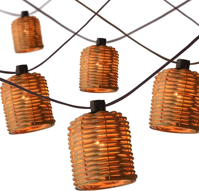 Natural Rattan String Lights, 10 Rustic Raffia Cage, 13 Ft Plug in & Connectable Wicker Lights,Natural Color Rattan