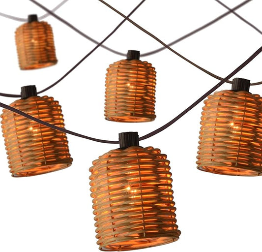 Natural Rattan String Lights, 10 Rustic Raffia Cage, 13 Ft Plug in & Connectable Wicker Lights,Natural Color Rattan