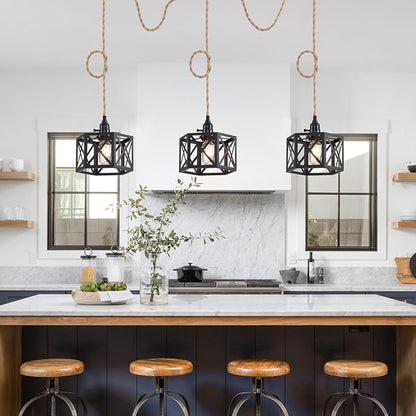 3 Light Plug in Pendant Light Rattan Hanging Lights with Switch 22FT Industrial Ceiling Light,Plug in Cord with Woven Hemp Rope Lamp Shade, Hanging Lamp Cord Farmhouse Cable DIY