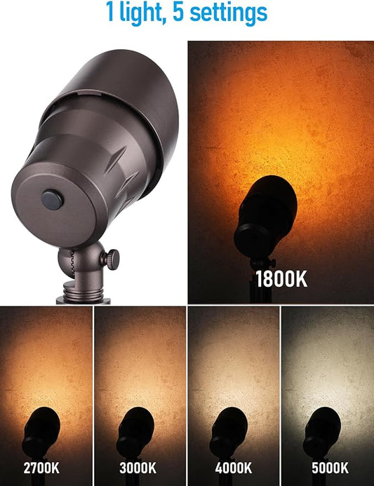 LEONLITE 5CCT Low Voltage LED Landscape Spotlight, Update 1800K2700K3000K4000K5000K Selectable, 5W 12V Pathway Lights Outdoor, CRI90, Aluminum Spot Lights for Garden, ETL, IP65 Waterproof, Pack of 6