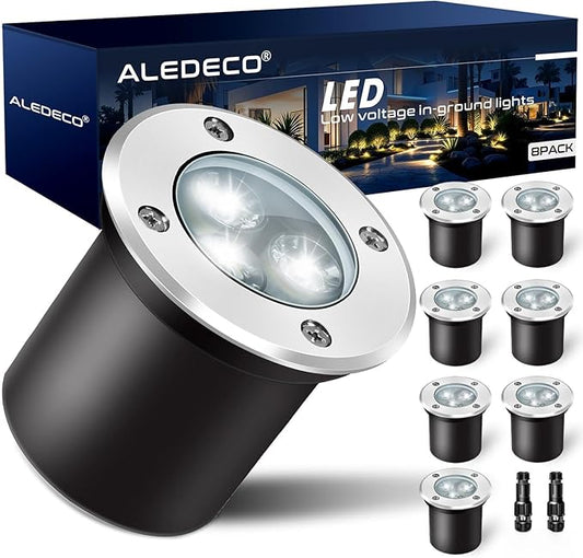 8Pack Low Voltage Landscape Lights with Connectors 3W LED 12-24V In-Ground Lights IP67 Waterproof Garden Lighting 6500K Outdoor Decorative Lights for Yard Pathway Patio (Cool White)