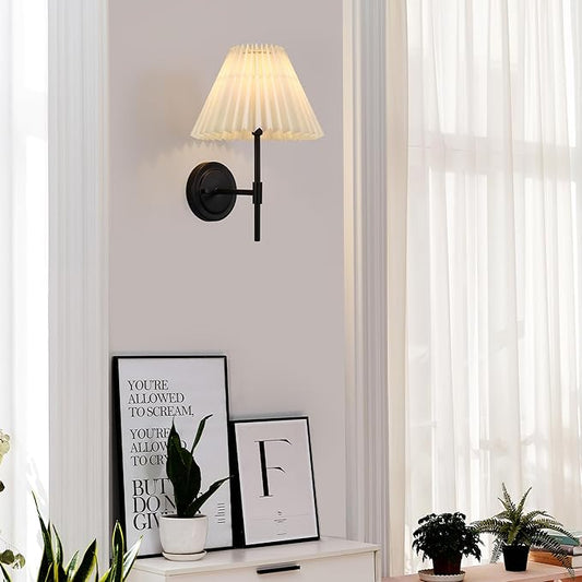 Globe Electric 1-Light Wall Sconce, Matte Black, White Pleated Fabric Shade, E12 Base Socket, Candelabra Bulb, Living Room Lighting, Home Essentials, Décor, Bedroom, Mounted Bedside Lamp