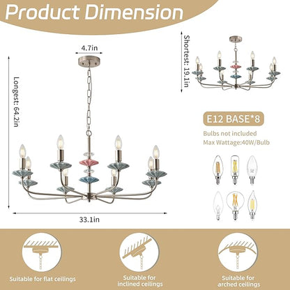 Brushed Nickel Chandeliers for Dining Room Light Fixture Over Table,8-Light Art Deco Chandelier, Modern Vintage Chandelier with Ceramic,Farmhouse Chandelier for Girls Bedroom,Living Room