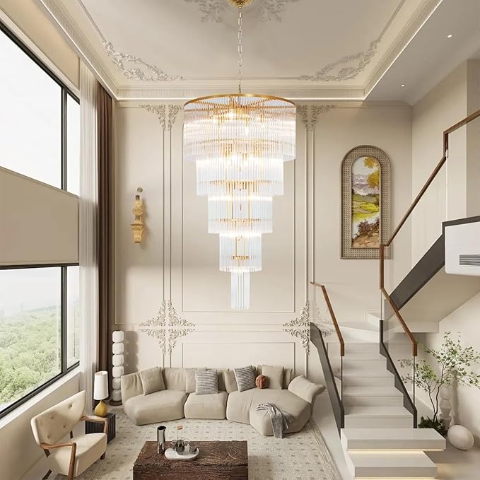 25 Light Staircase Crystal Chandeliers H49 W27.5 Modern Contemporary Elegant 5-Tier K9 Crystal Glass Chandelier Pendant Ceiling Lighting Fixture for Entryway