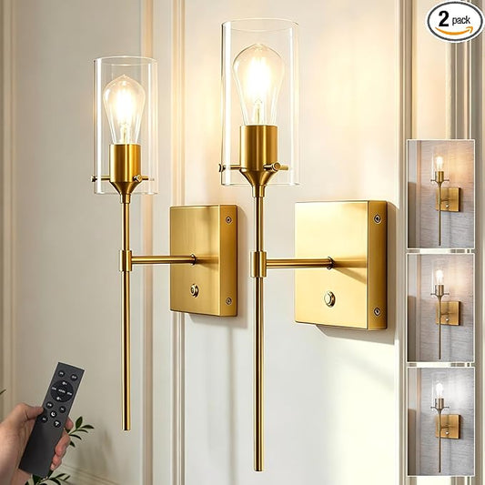 Dimmable 3 Colors Gold Battery Operated Wall Sconce Set of Two, Rechargeable Wireless Remote Control Wall Lamp Not Hardwired, Cordless Brass Wall Light for Living Room Bedroom Bathroom