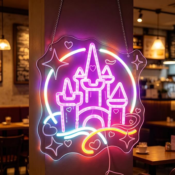 Magic Castle Fairy Tale Neon Light - Princess Pink Blue LED Wall Lamp for Girls Bedroom Decor, Dimmable USB Night Light with Hanging Kit, Enchanted Birthday Party Wall Art Gift for Kids