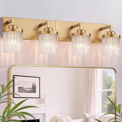Modern Crystal Bathroom Light Fixtures, 4 Light Gold Vanity Lights, with Crystal Glass Shade, Industrial Bathroom Lighting Fixtures Over Mirror Wall Light for Bedroom Living Room