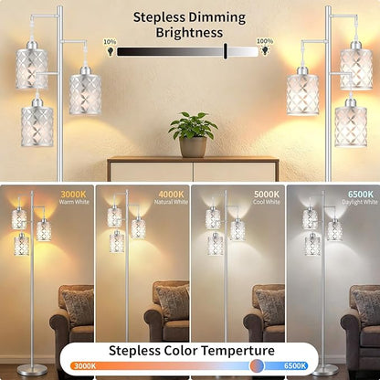 New Upgraded 72" Tall Dimmable Floor Lamp with Remote Control &White PC Shades, Farmhouse Standing Lamp with Bulbs, Industrial Tree Pole Floor Lamps for Living Room, Bedroom, Study Room, Office-Silver