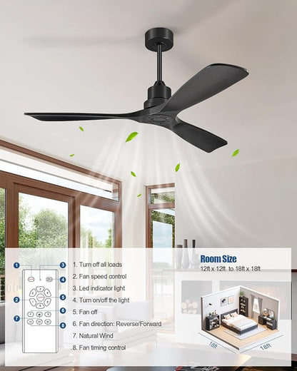Ceiling Fans With Remote Control, Outdoor Ceiling Fan for Patios Indoor, 3 Downrods, 3 Blades, Timer, 6 Speed Reversible Quiet DC Motor Modern Fan Solid Wood Fan,60in, Matte Black