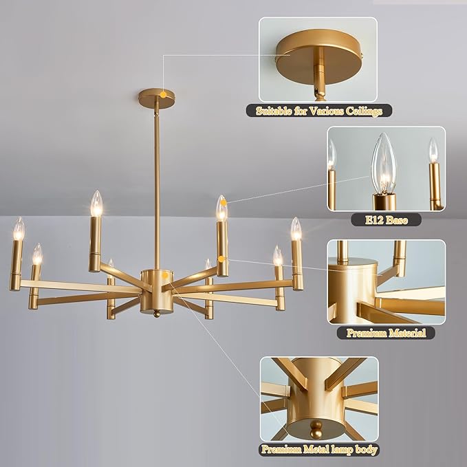 ASGYISA 8-Light Gold Candle Chandeliers Modern Farmhouse Ceiling Light Fixture Industrial Lighting for Dining Room Living Room Bedroom Kitchen Island Foyer