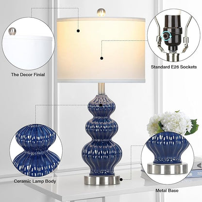 Cinyirong 26" Blue Table Lamp Set of 2 with Rotary Control, Ceramic Table Lamps Classic Beside Lamps Nightstand Lamp Modern Table Lamp for Living Room,LED Bulbs Included