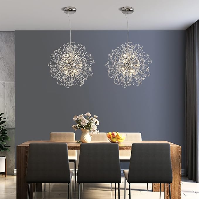 Modern Crystal Chandeliers, 9-Light Chandelier Firework Chrome Pendant Lights, Crystal Sputnik Hanging Ceiling Light Fixture for Dining Room, Bedroom, Living Room