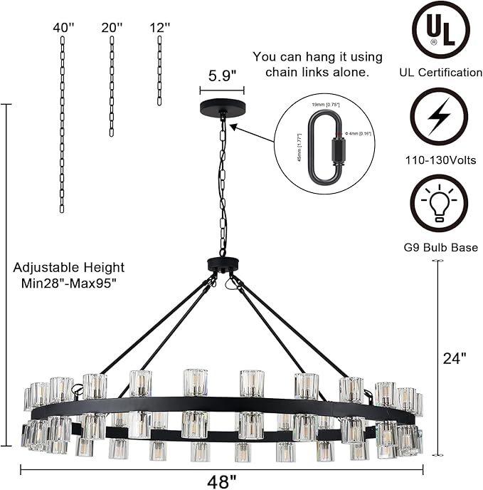 48 Inch Black Crystal Wagon Wheel Chandelier, Modern Farmhouse Round 48-Lights Pendant Lighting Fixture, for High Ceilings Living Room, Bedroom, Foyer