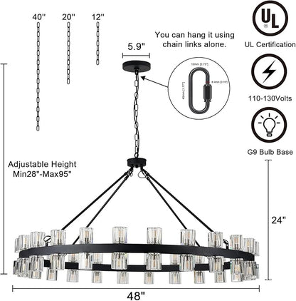 48 Inch Black Crystal Wagon Wheel Chandelier, Modern Farmhouse Round 48-Lights Pendant Lighting Fixture, for High Ceilings Living Room, Bedroom, Foyer