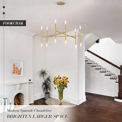 Gold Chandelier Light Fixture, 12-Light Brassy Gold Chandelier for Dining Room 35" Geometric Hanging Chandeliers Mid-Century Light Fixture for Entry Kitchen Bedroom, G9