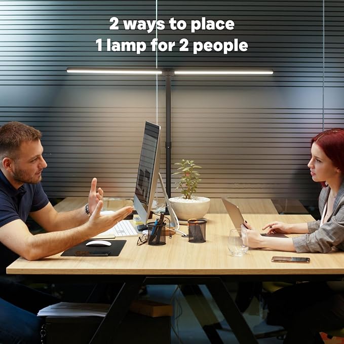 LED Desk Lamp for Home Office, 24W Computer Desk Light with Remote Control, Bright Table Lamp with Clamp Dimmable Tall Desktop Lighting with Bendable Gooseneck, Double Head, Black