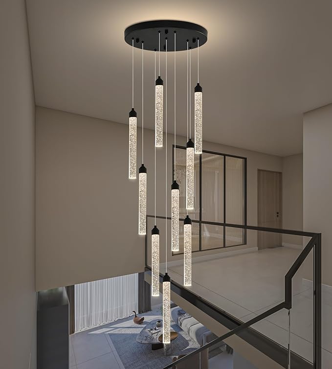 Crystal Staircase Chandelier, Modern Black Spiral Dimmable LED Cluster Raindrop Foyer Chandelier Lighting, Bubble Living Room Hanging Light Fixture 9 Light Remote Control