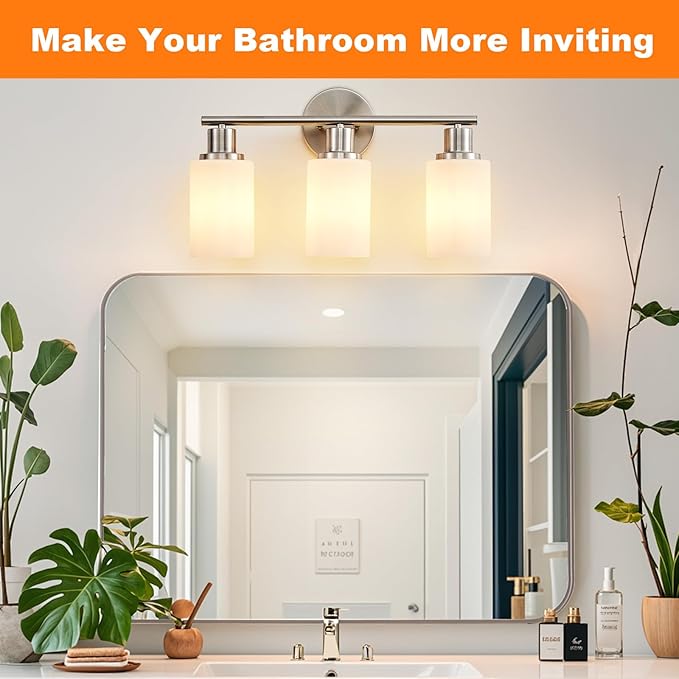 DLLT 3-Light Bathroom Light Fixtures: Nickel Modern Vanity Lights with E26 Bulbs - Milky White Glass Shade Bathroom Wall Lamp for Mirror Kitchen Living Room Hallway Cabinet Porch