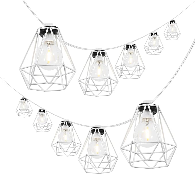 JONATHAN Y 10' White LED String Lights, 10-Light Indoor/Outdoor Set for Patio Deck, Modern Iron Diamond Cage Shade, Weather-Resistant, Connectable, UL Listed (JYL8705B)