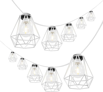 JONATHAN Y 10' White LED String Lights, 10-Light Indoor/Outdoor Set for Patio Deck, Modern Iron Diamond Cage Shade, Weather-Resistant, Connectable, UL Listed (JYL8705B)
