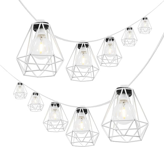 JONATHAN Y 10' White LED String Lights, 10-Light Indoor/Outdoor Set for Patio Deck, Modern Iron Diamond Cage Shade, Weather-Resistant, Connectable, UL Listed (JYL8705B)