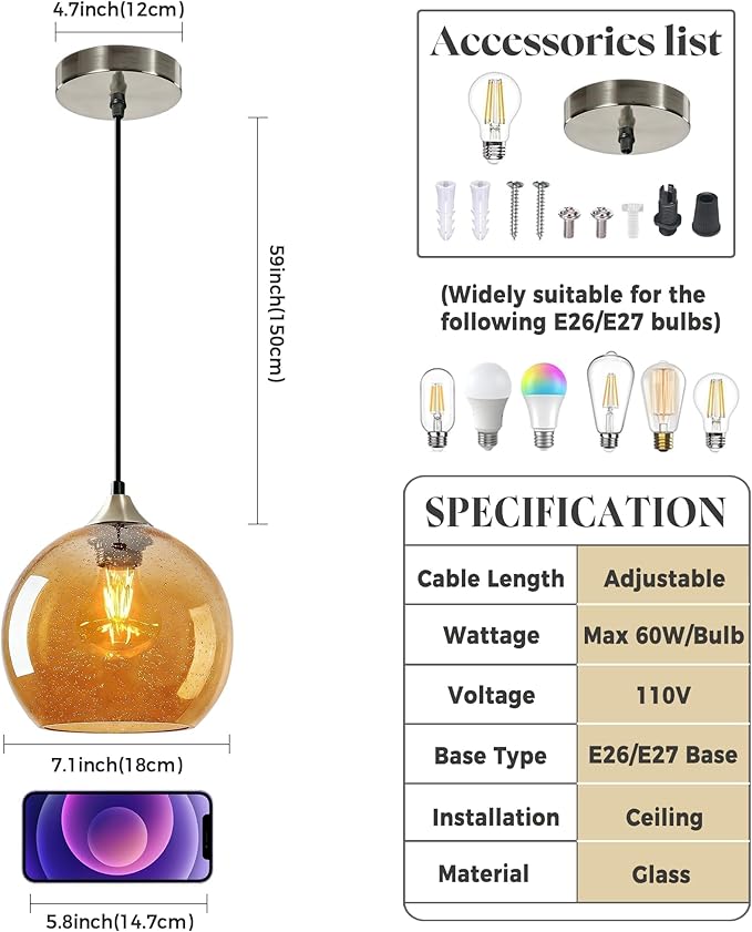 Large Amber Glass Pendant Light for Kitchen Island, Includes 1 Bulb & 4.92FT Adjustable Cord, Modern Pendant Lighting Fixtures for Kitchen, Dining Room, Living Room(9.1in)