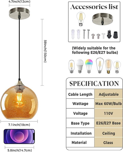 Large Amber Glass Pendant Light for Kitchen Island, Includes 1 Bulb & 4.92FT Adjustable Cord, Modern Pendant Lighting Fixtures for Kitchen, Dining Room, Living Room(9.1in)
