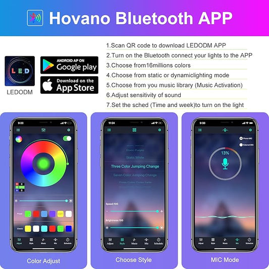 Hovano Car Interior LED Lights, APP Control with USB Port, RGB Color Change with Music Sync & DIY Mode, 48 LEDs Lights for Under Dash Running Board Truck