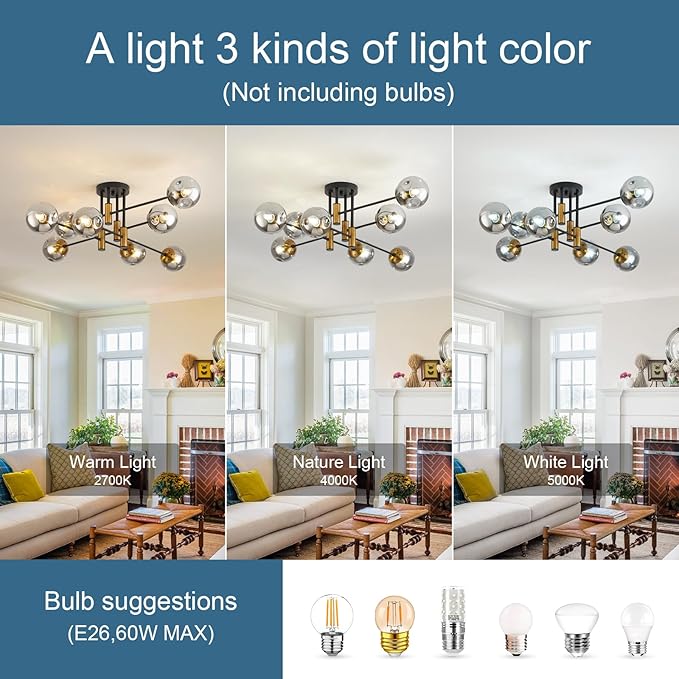 DDLLDESHI 8 Light Sputnik Ceiling Light Fixture Glass Globe Bubble Modern Chandelier for Dining Room Bedroom Kitchen Living Room Hallway Entryway Office
