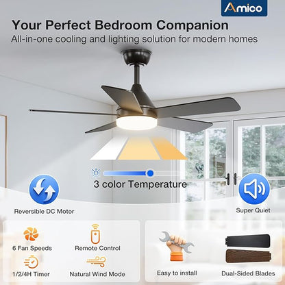 addlon Ceiling Fans with Lights, 42 inch Black Ceiling Fan with Light and Remote Control, Reversible, 3CCT, Dimmable, Noiseless, Small Ceiling Fan for Bedroom, Farmhouse, Indoor/Outdoor Use