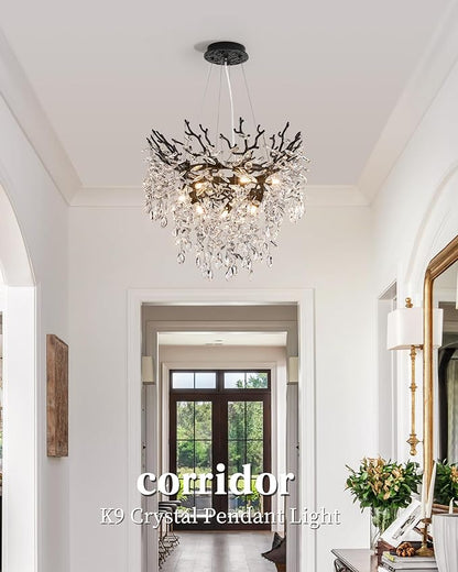Modern Crystal Chandelier for Dining Room, 23.62" Black Tree Branch Chandeliers, 8-Light Luxury K9 Crystal Round Chandeliers for Kitchen Island Living Room