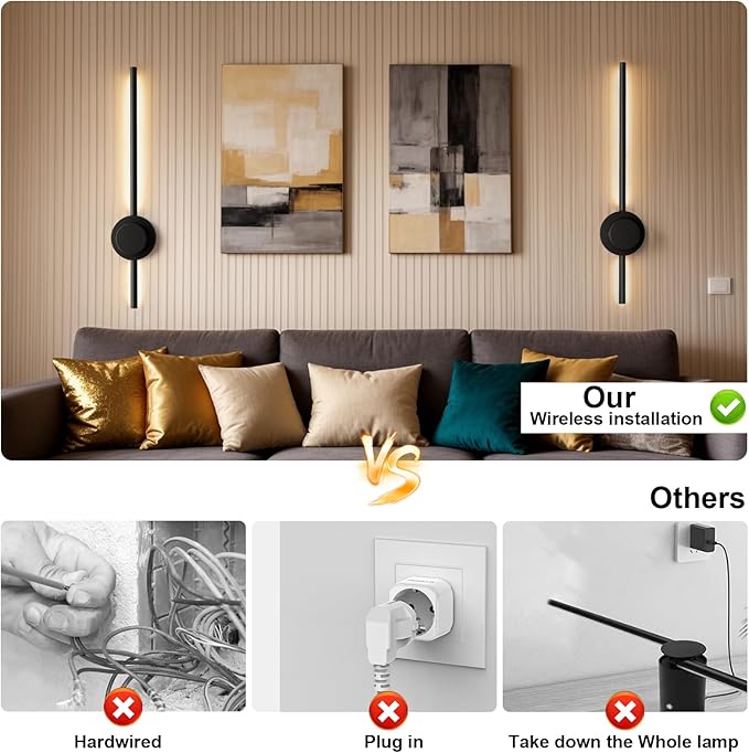 Rechargeable Wall Sconce Lights with Remote, Battery Operated Wall Lights 3 Color Temperature, Dimmable Wireless Wall Lamp Black 70CM for Living Room Bedroom Hallway 2 Pack