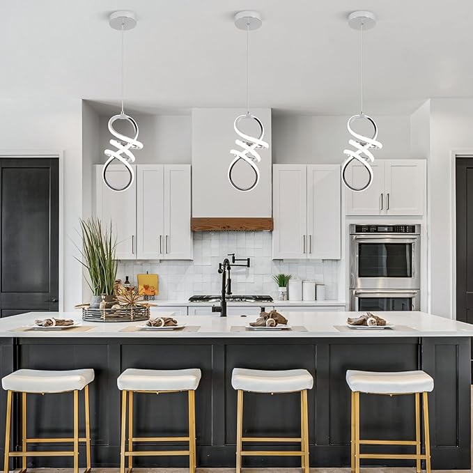 EIDISUNY Modern Led Pendant Light Fixture, 15W Chrome Spiral Pendant Light Kitchen Island, 4500K Daylight White Pendant Lamp, Adjustable Height Chandelier for Kitchen Dining Room Bedroom (Chrome)