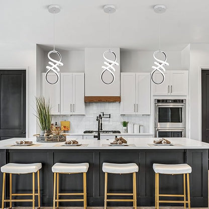EIDISUNY Modern Led Pendant Light Fixture, 15W Chrome Spiral Pendant Light Kitchen Island, 4500K Daylight White Pendant Lamp, Adjustable Height Chandelier for Kitchen Dining Room Bedroom (Chrome)