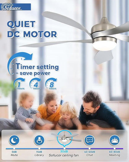 Sofucor 52 Inch Ceiling Fans with Lights and Remote, Outdoor Ceiling Fan with Light 6-Speed 3 CCT 3-Timer, Modern Low Profile Ceiling Fan 5 Blade Reversible DC Motor for Living Room Bedroom Patio