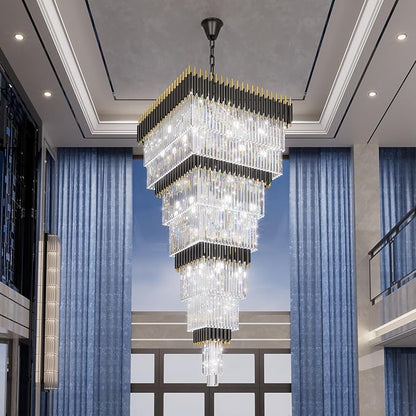 W32in x H94.5in Large Black Gold Crystal Chandelier,Square Crystal Raindrop Chandelier High Ceiling Pendant Light for Entrance Villa Foyer Ceiling Lighting Fixtures