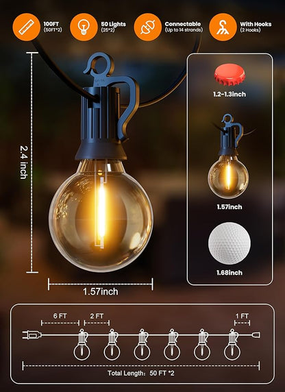 Outdoor String Patio Lights 100FT 50 LED String Lights Waterproof Connectable Shatterproof Hanging Outside Light Backyard Porch Deck Balcony Garden Yard Decor Lighting Edison Bulbs 2200K