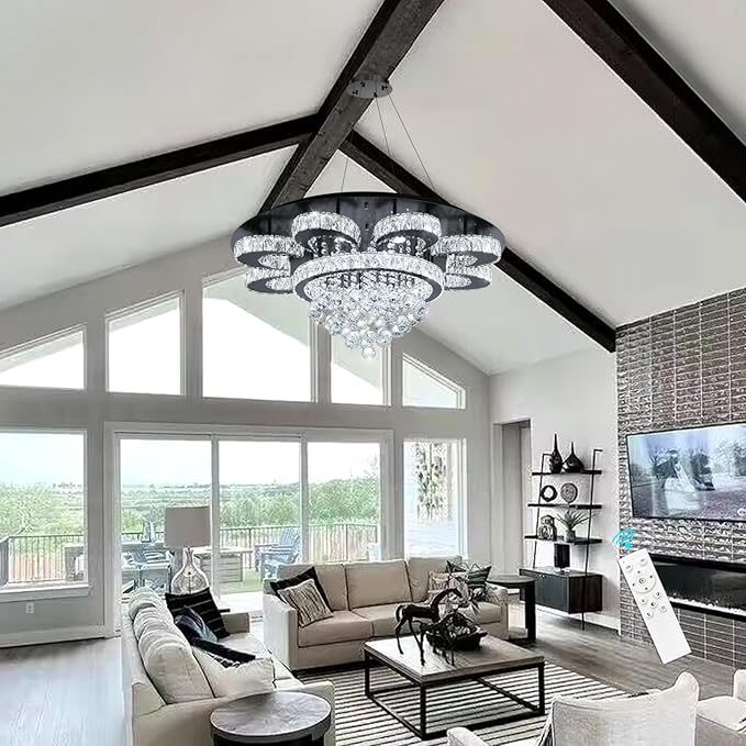 HAIXIANG Modern Chandelier Living Room Glam Chandeliers Ceiling Light Fixture Remote Dimmable Lights 32 Inches Luxury Crystal Black Light