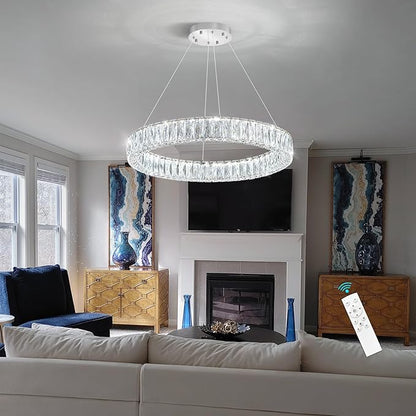 HAIXIANG Modern Crystal Chandelier Dimmable LED Ring Pendant Lights Adjustable Glam Chandeliers Lighting Fixtures for Dining Room Living Room Bedroom Silver Light