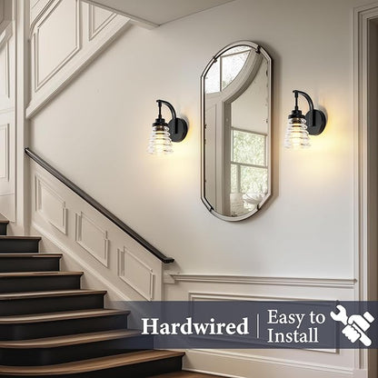 Modern Black Wall Sconce Light, 1-Light Bathroom Vanity Light with Clear Glass Shade for Mirror, Indoor Wall Mounted Fixture for Bedroom, Hallway, Entryway