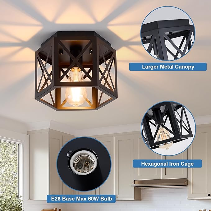 XSDeTu 2 Pack Flush Mount Ceiling Light, 1-Light Black Light Fixtures Ceiling Mount, Small Flush Mount Lamp with Hexagonal Metal Cage, Farmhouse Chandeliers for Hallway Kitchen Sink Entryway Foyer