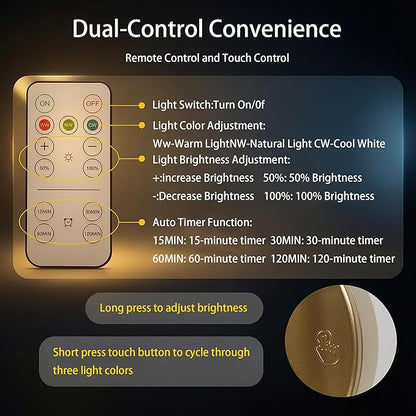 Battery Operated Wall Sconces Set of 2, Rechargeable Wall Lights with Remote Control & Dimmable, Wireless Wall Lamp Fixtures Not Hardwired for Bedroom Living Room Hallway (5400mAh, Gold)