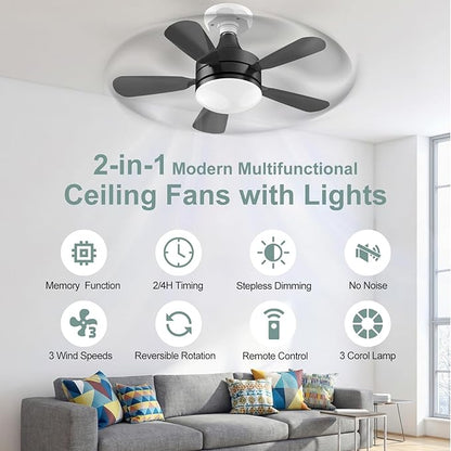 17.7" Socket Fan Light, Stepless Dimmable 3000K-6500K Small Ceiling Fans with Lights and Remote, 3000 Lumens E26/E27 Light Bulb Fan with Reversible Motor, for Bedroom Garage Kitchen Living Room