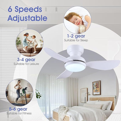 Kviflon 36 Inch Ceiling Fans with Lights, Small Flush Mount Ceiling Fan, Remote/APP Control, 3 Reversible Curved Blades, 6 Speeds, 3 CCT Dimmable Lights for Bedroom Kids Room, White