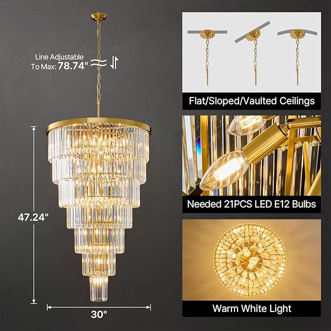 Crystal High Ceiling Chandelier Modern: 30" 7-Tiered Dimmable Staircase Chandeliers - Large Long Gold Hanging Pendant Light Fixture For Entryway Foyer Living Room - Round Flush Mount Ceilings Lights