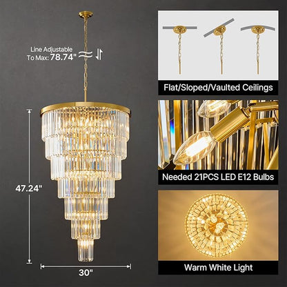 Crystal High Ceiling Chandelier Modern: 30" 7-Tiered Dimmable Staircase Chandeliers - Large Long Gold Hanging Pendant Light Fixture For Entryway Foyer Living Room - Round Flush Mount Ceilings Lights