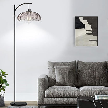 AHDWDW Arc Floor Lamps for Living Room with Remote,Black Dimmable Floor Lamp with Gray Glass Shade,Unique Vintage Flower Standing Tall Lamp,Modern Mid Century Floor Lamps for Bedroom Office Corner