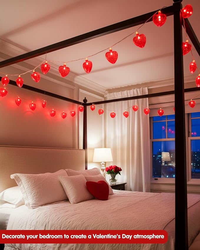 SUNSGNE Red Heart String Lights Valentines Lights, 8.5FT Plug in Fairy String Lights with 10 LED Red Heart Bulbs for Indoor Outdoor Home Room Party Wedding Valentine's Decor, White Wire