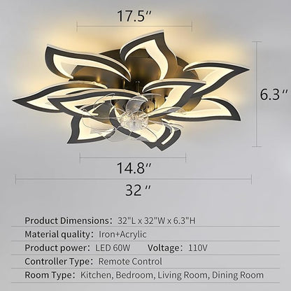 32inch Black Flower Modern Ceiling Fans with Lights, Low Profile Ceiling Fan with Remote for Bedroom, Flush Mount Ceiling Fan with LED Dimmable Light,6-Speeds, Timing Ceiling Fan Light